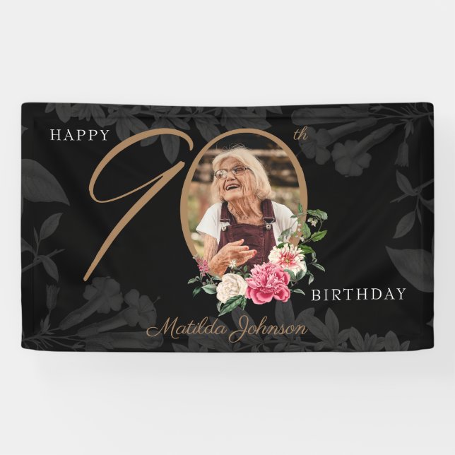Floral 90th Birthday Black Gold Custom Photo Banner (Horizontal)