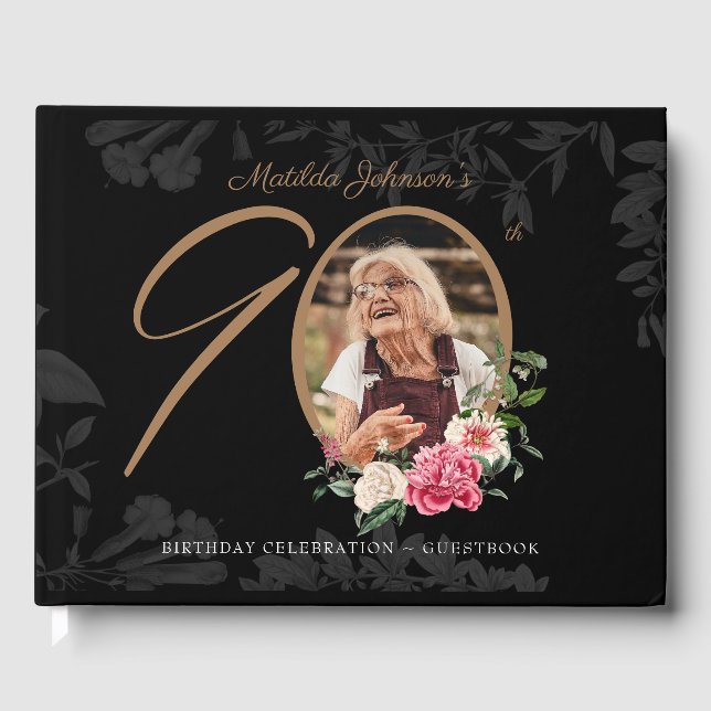 Floral 90th Birthday Elegant Black Gold Custom Guest Book (Front)