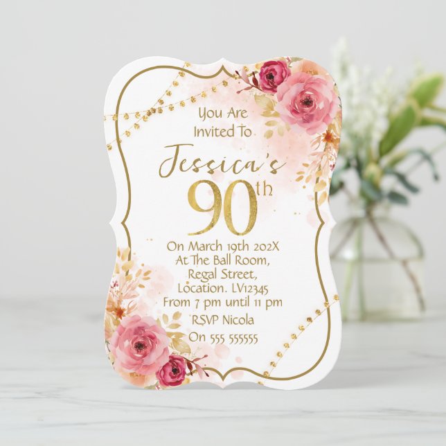 Floral 90th Birthday Invitation (Standing Front)