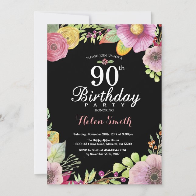 Floral 90th Birthday Invitation for Women (Front)