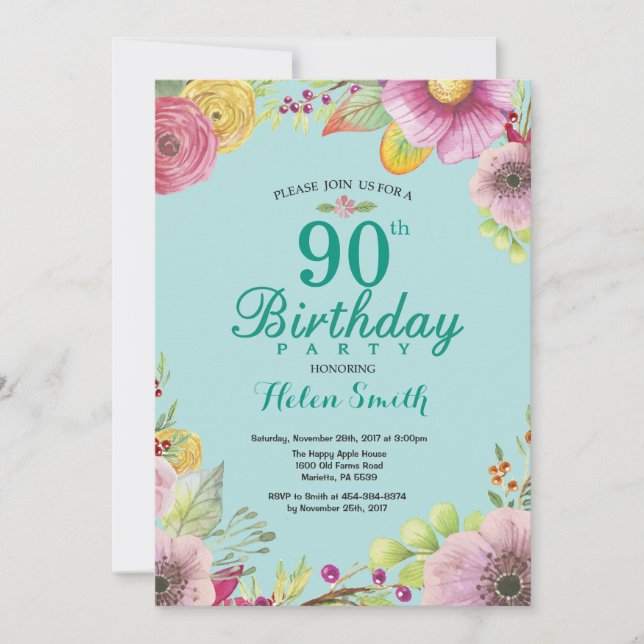 Floral 90th Birthday Invitation for Women Teal (Front)