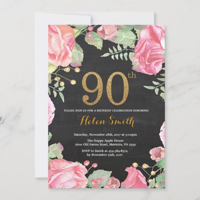 Floral 90th Birthday Invitation Gold Glitter (Front)