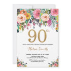 Floral 90th Birthday Invitation Gold Glitter