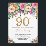 Floral 90th Birthday Invitation Gold Glitter<br><div class="desc">Floral 90th Birthday Invitation for Women. Watercolor Floral Flower. Gold Glitter. Pink,  Yellow,  Orange,  Purple Flower. Adult Birthday. For further customisation,  please click the "Customise it" button and use our design tool to modify this template.</div>