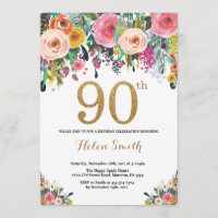 Floral 90th Birthday Invitation Gold Glitter
