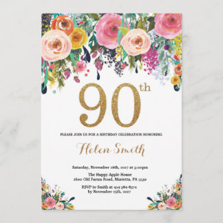 Floral 90th Birthday Invitation Gold Glitter