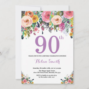 Floral 90th Birthday Invitation Purple