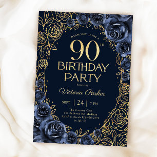 Floral 90th Birthday Navy Blue Gold Invitation