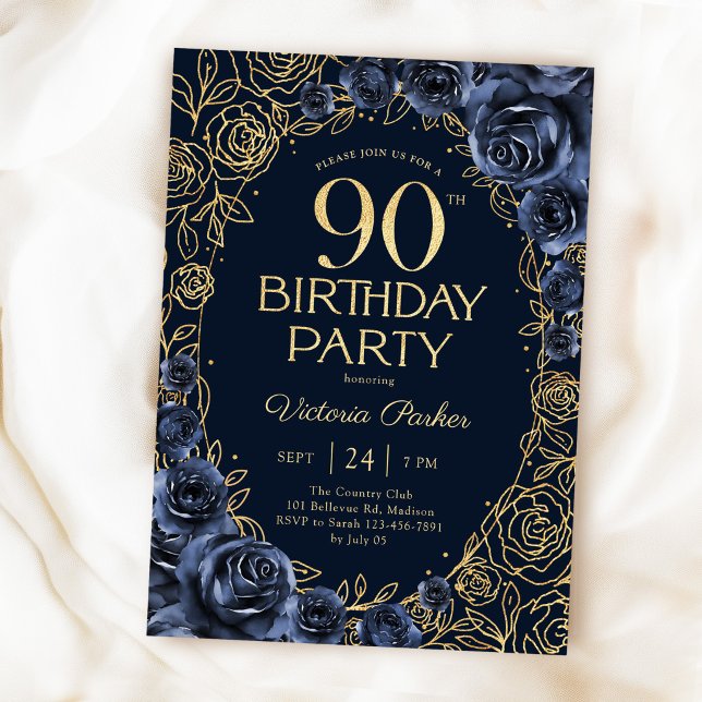 Floral 90th Birthday Navy Blue Gold  Invitation (Creator Uploaded)