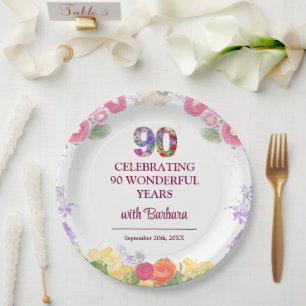 Floral 90th Birthday Party - Elegant Pastel 90 Paper Plate