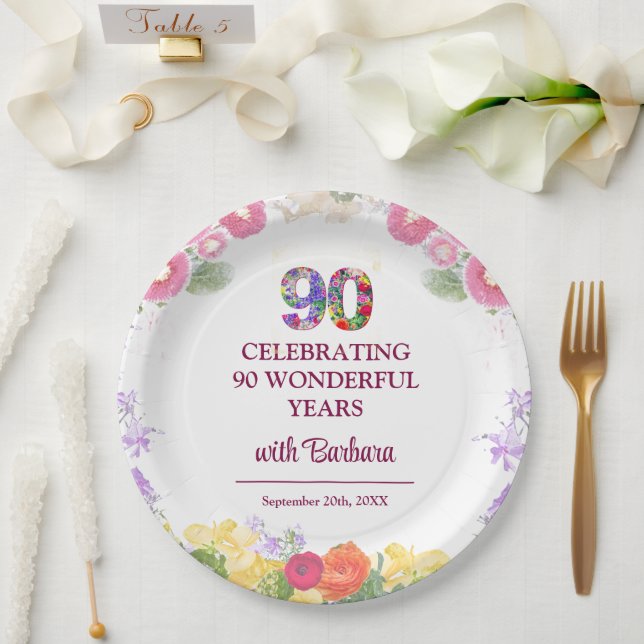 Floral 90th Birthday Party - Elegant Pastel 90 Paper Plate (Wedding)