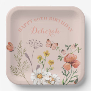 Floral 90th Birthday Party Paper Plate