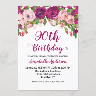 Floral 90th Birthday Purple Pink Watercolor Chic Invitation