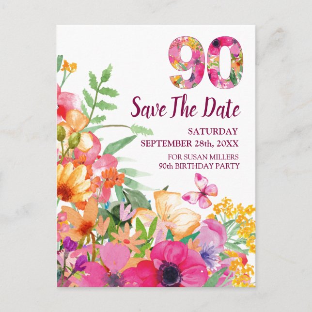 Floral 90th Birthday Save The Date, Elegant 90 Ann Announcement Postcard (Front)