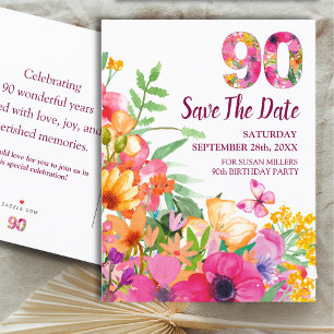 Floral 90th Birthday Save The Date, Elegant 90 Ann Announcement Postcard