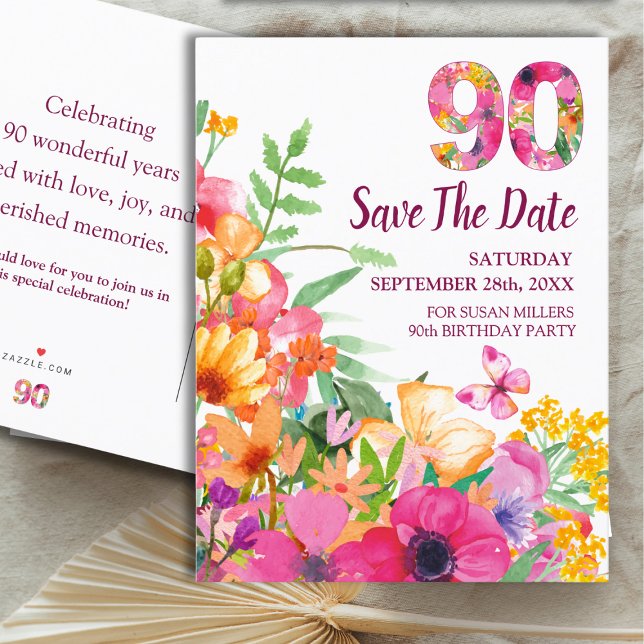 Floral 90th Birthday Save The Date, Elegant 90 Announcement Postcard (Creator Uploaded)