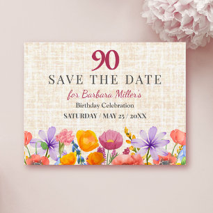 Floral 90th Birthday Save the Date - Garden Party Announcement Postcard