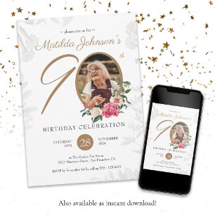 Floral 90th Birthday White Gold Botanical Custom Invitation