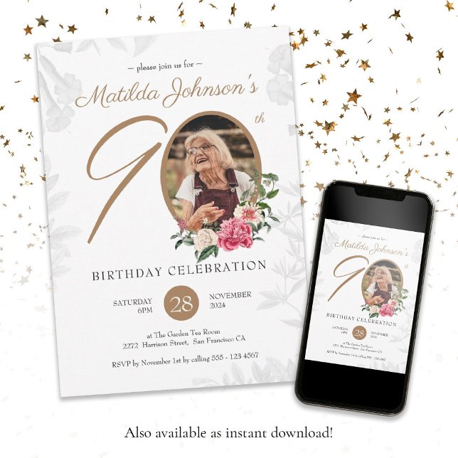 Floral 90th Birthday White Gold Botanical Custom Invitation (Floral 90th Birthday White Gold Botanical Custom Invitation)