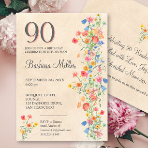 Floral 90th Birthday - Wildflowers 90 Years Party Invitation