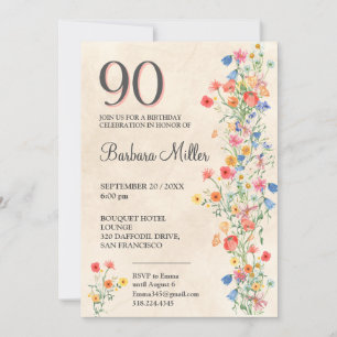 Floral 90th Birthday - Wildflowers 90 Years Party Invitation