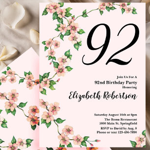 Floral 92nd Birthday Invitation in Blush Pink