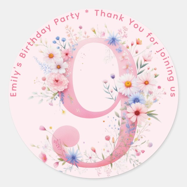 Floral 9th Birthday Thank You Favour Nine Custom Classic Round Sticker (Front)