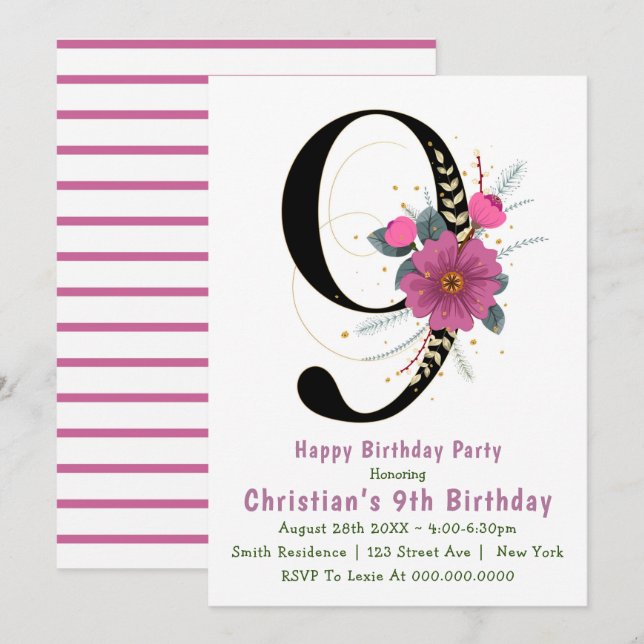 Floral 9th Typography Birthday Invitations (Front/Back)