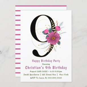 Floral 9th Typography Birthday Invitations