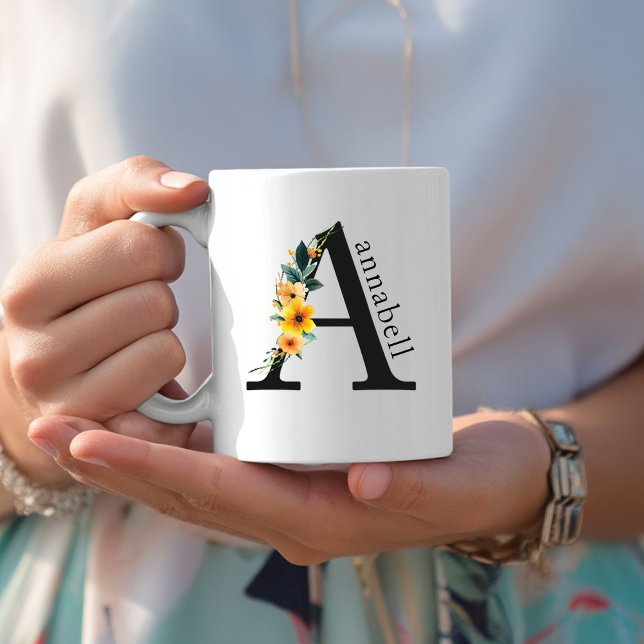 Floral A Monogram Mug with Editable Name (Floral A Monogram Mug with Editable Name. Yellow, Orange & Greenery Watercolor Flowers.)