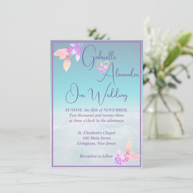 Floral Above The Clouds Teal Wedding Invitation (Standing Front)