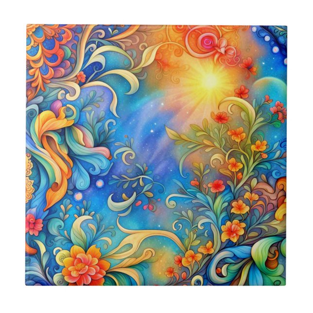 Floral Abstract 72 Blue Orange  Tile (Front)