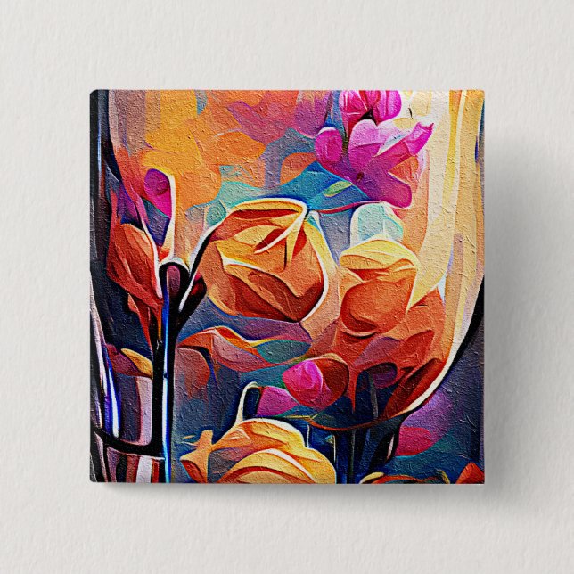 Floral Abstract Art Orange Red Blue Flowers 15 Cm Square Badge (Front)