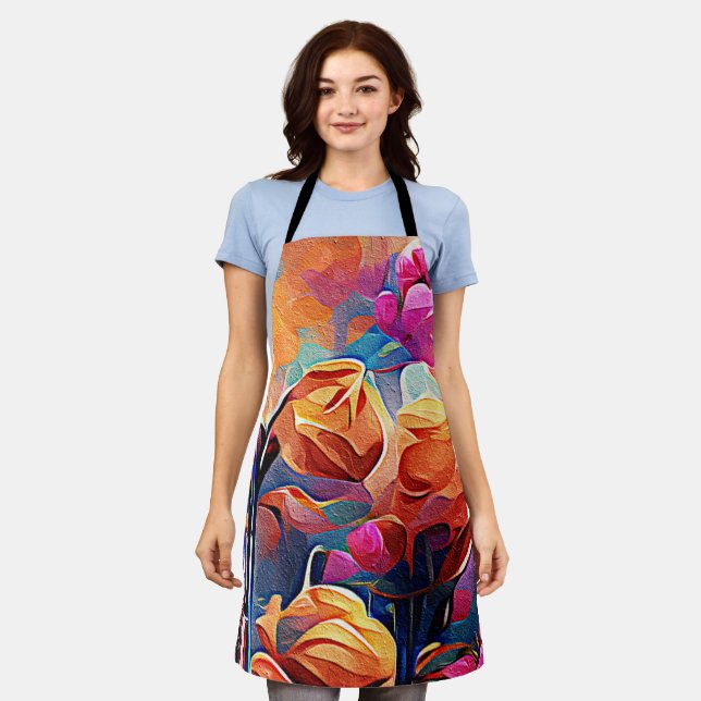 Floral Abstract Art Orange Red Blue Flowers Apron (Worn)