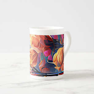 Floral Abstract Art Orange Red Blue Flowers Bone China Mug