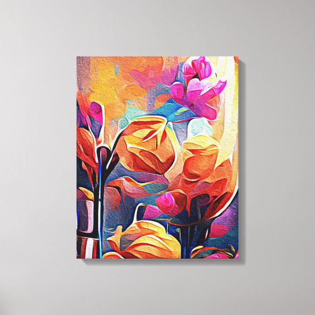 Floral Abstract Art Orange Red Blue Flowers Canvas Print (Front)