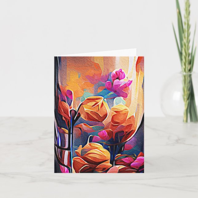 Floral Abstract Art Orange Red Blue Flowers Card (Front)