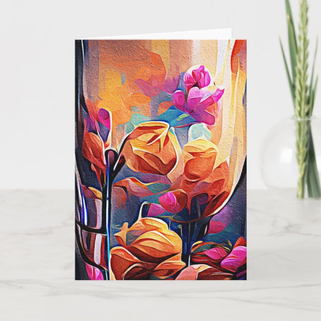 Floral Abstract Art Orange Red Blue Flowers Card (Front)