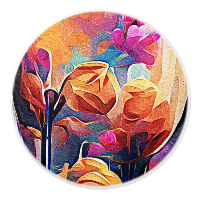 Floral Abstract Art Orange Red Blue Flowers Ceramic Knob (Front)