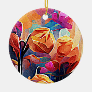 Floral Abstract Art Orange Red Blue Flowers Ceramic Tree Decoration
