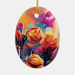 Floral Abstract Art Orange Red Blue Flowers Ceramic Tree Decoration