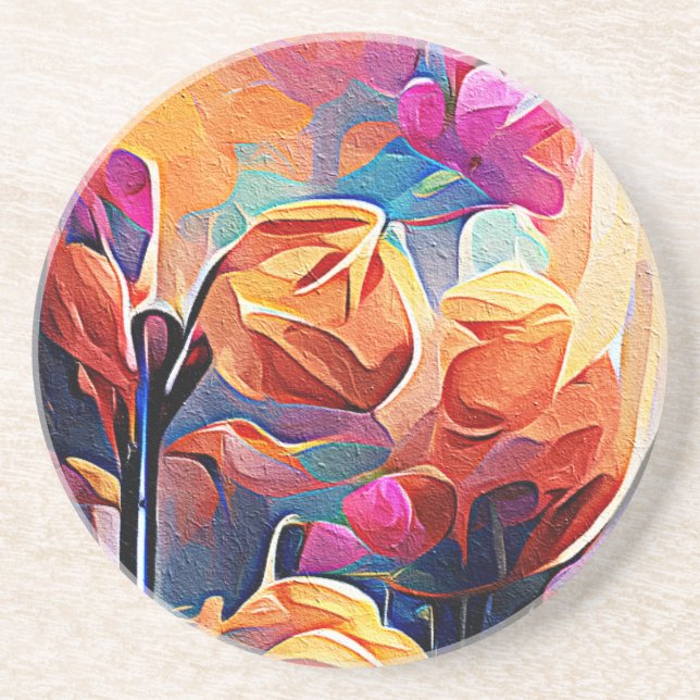 Floral Abstract Art Orange Red Blue Flowers Coaster (Front)