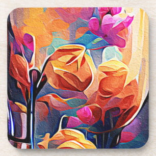 Floral Abstract Art Orange Red Blue Flowers Coaster