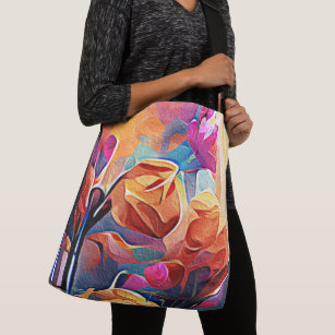 Floral Abstract Art Orange Red Blue Flowers Crossbody Bag