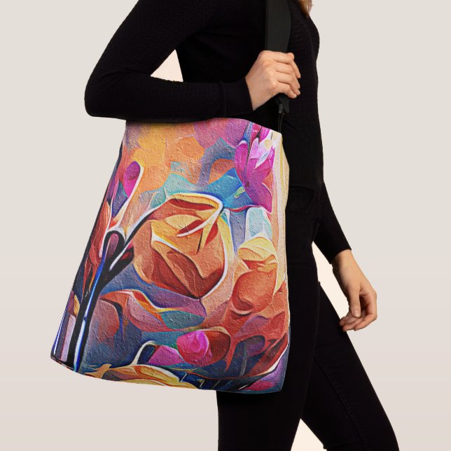 Floral Abstract Art Orange Red Blue Flowers Crossbody Bag (Close Up)