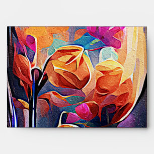 Floral Abstract Art Orange Red Blue Flowers Envelope