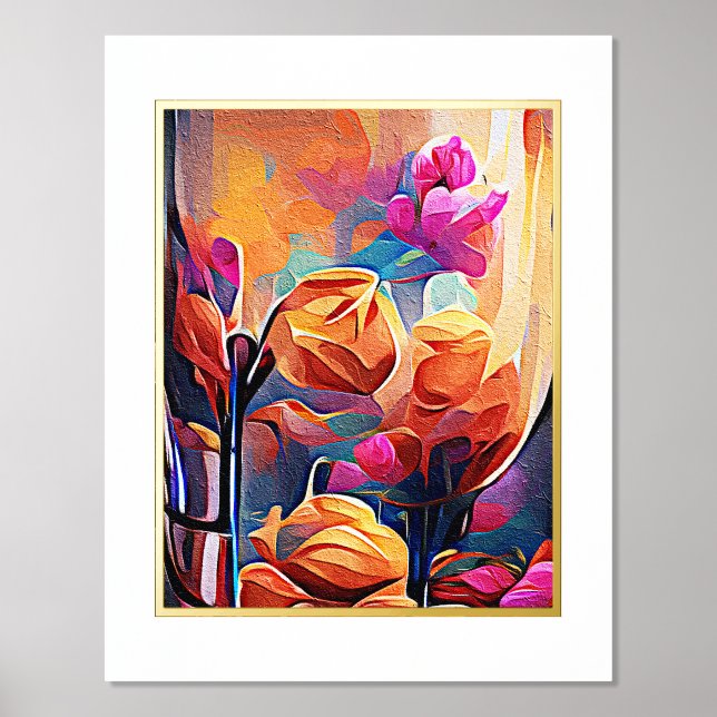 Floral Abstract Art Orange Red Blue Flowers Foil Prints (Front)