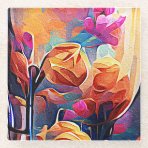 Floral Abstract Art Orange Red Blue Flowers Glass Coaster