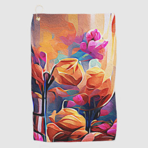 Floral Abstract Art Orange Red Blue Flowers Golf Towel