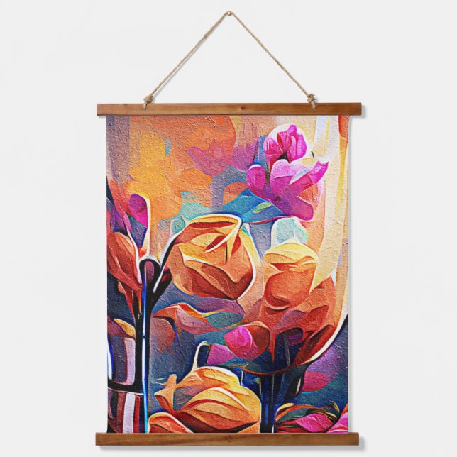 Floral Abstract Art Orange Red Blue Flowers Hanging Tapestry (Front)